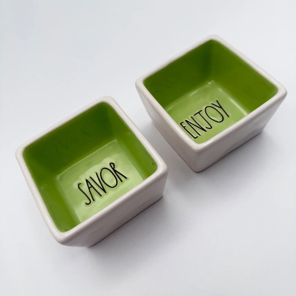 Rae Dunn Savor‎ and Enjoy Square Bowl Set Green White Ceramic 2pc